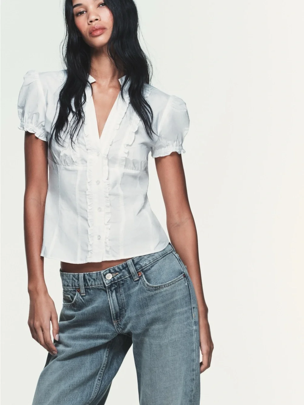Zara White Ruffle-Trim Puff Sleeve Blouse